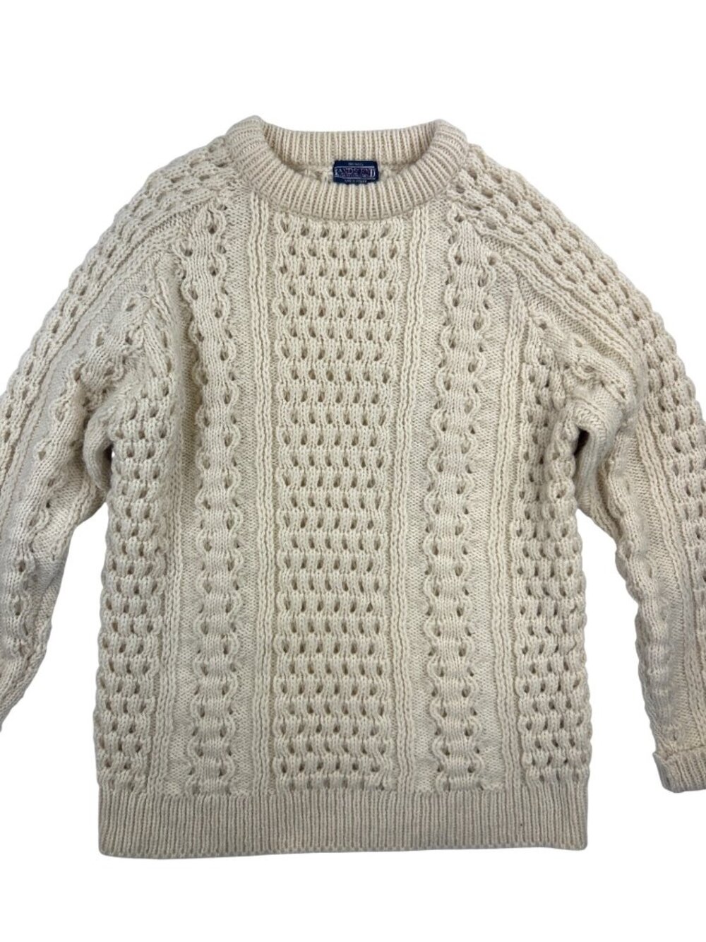 Vtg Lands’ End Irish Aran Cable Knit Fisherman Sweater Women’s L 100% Wool Cream - Picture 3 of 11